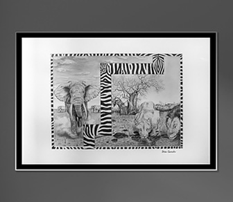 Out of Africa is a beautiful African wildlife pencil sketch framed and mounted behind glass by West Australian artist Delon Govender
